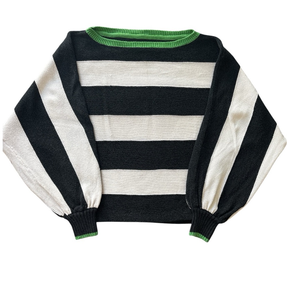 Maeve Black, White & Green Striped Crewneck Sweater